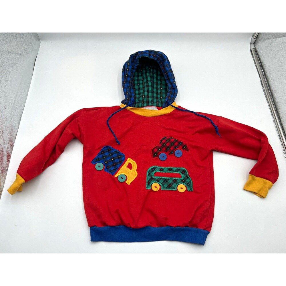 Vtg 80s 90s Playclothes Red colorblock Sweatshirt Plaid Cars Buttons boys 4t 5t